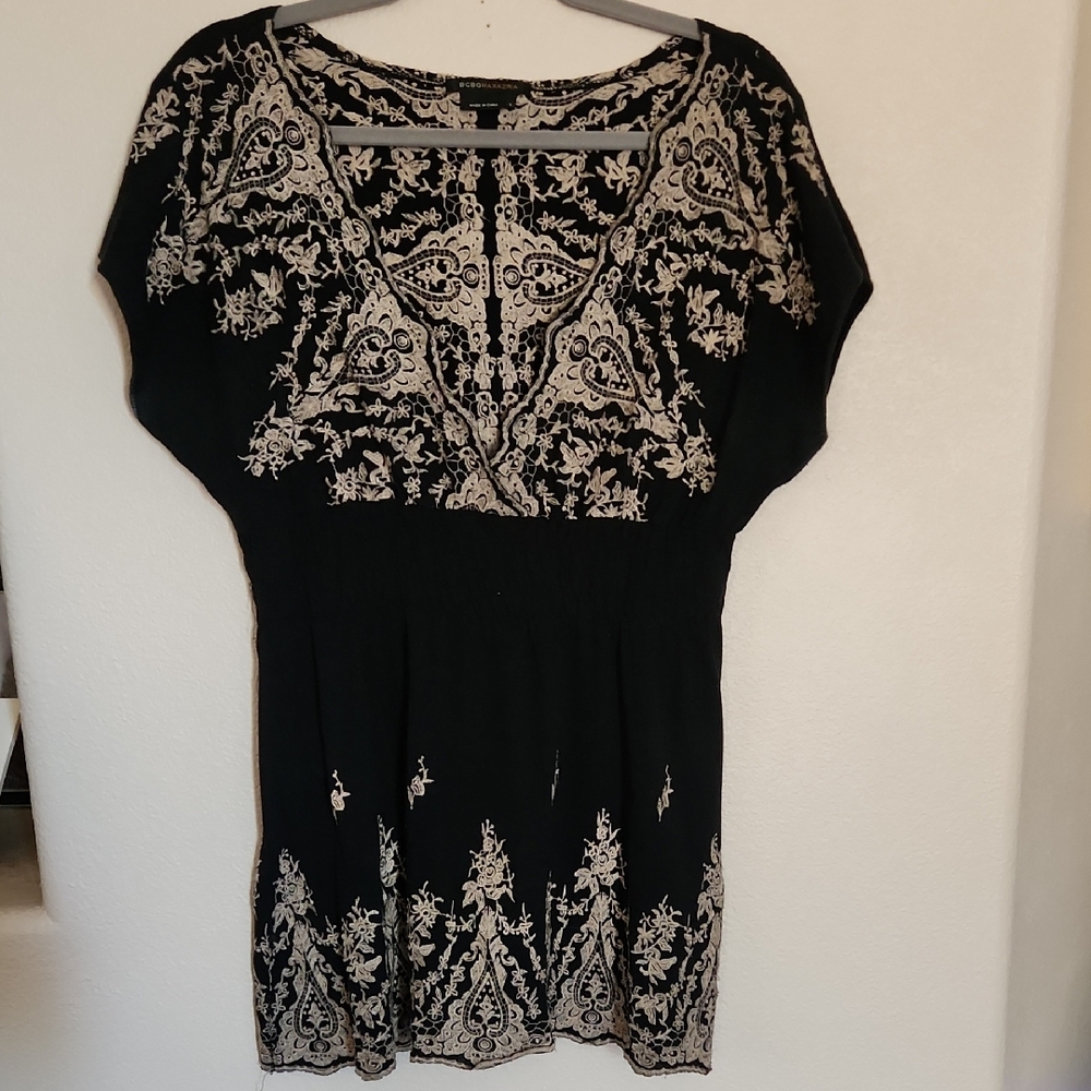 BCBGMaxAzria Black Top with Cream Embroidery